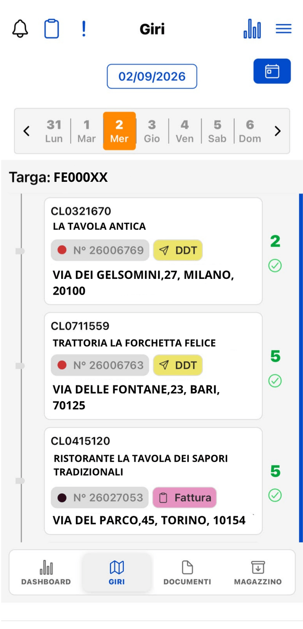 Giro di consegne della giornata con clienti, orari e stato delle tappe