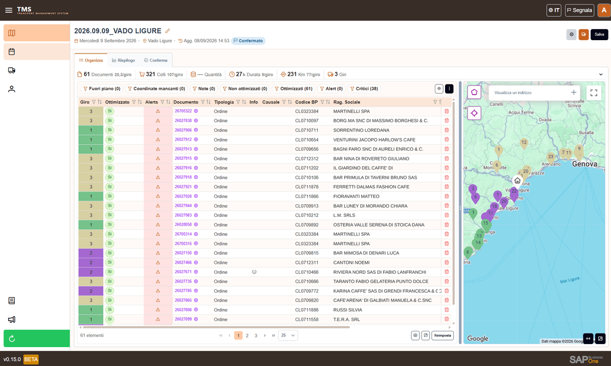 Lista degli ordini assegnati ai giri con la mappa delle destinazioni