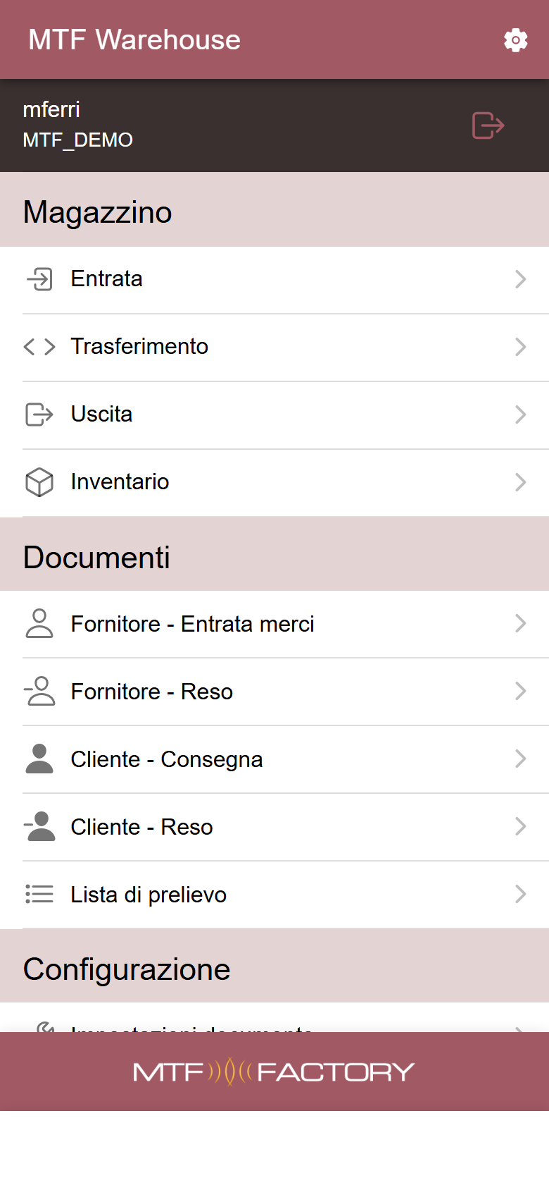 Menu principale con le operazioni di magazzino e i documenti disponibili