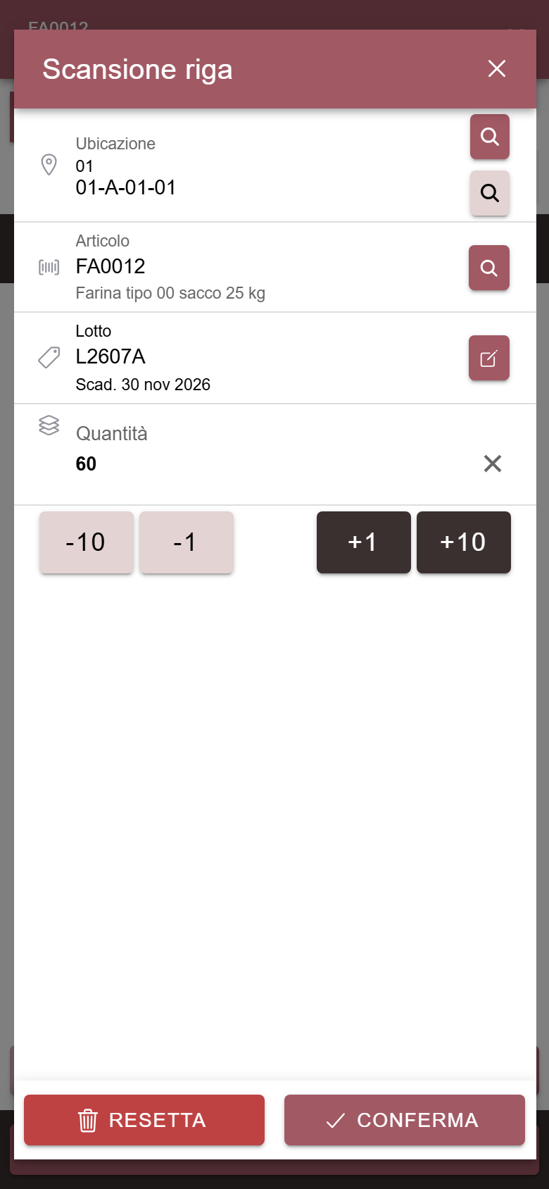 Scansione di una riga con ubicazione, articolo, lotto e quantità compilati dal barcode
